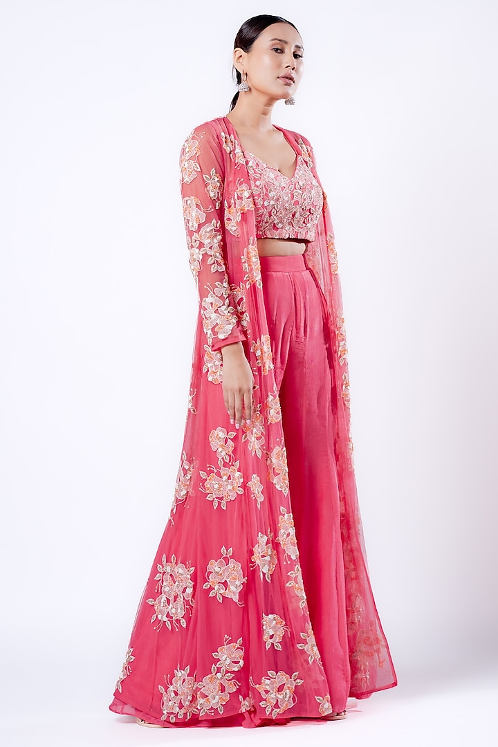 Cerise Pink Net Hand Embroidered Jacket Set by Harshita Jain at Pernia's Pop Up Shop