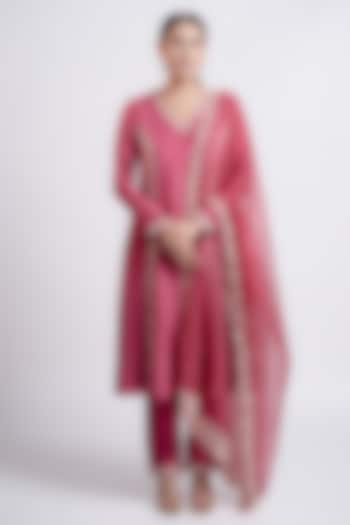 Ruby Pink Cotton Silk Hand Embroidered Anarkali Set by Harshita Jain at Pernia's Pop Up Shop