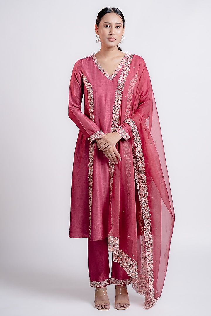 Ruby Pink Cotton Silk Hand Embroidered Anarkali Set by Harshita Jain at Pernia's Pop Up Shop