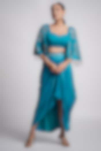 Azure Blue Satin Chiffon Draped Skirt Set by Harshita Jain at Pernia's Pop Up Shop