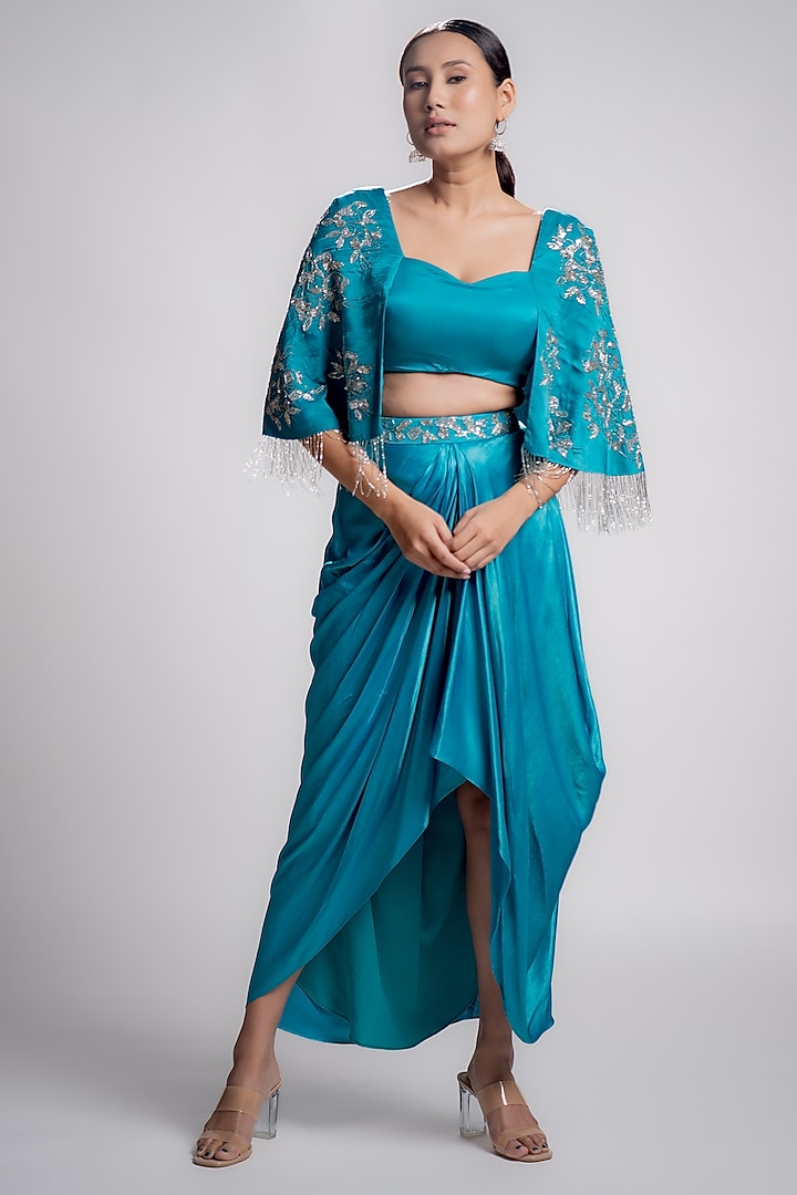 Azure Blue Satin Chiffon Draped Skirt Set by Harshita Jain at Pernia's Pop Up Shop