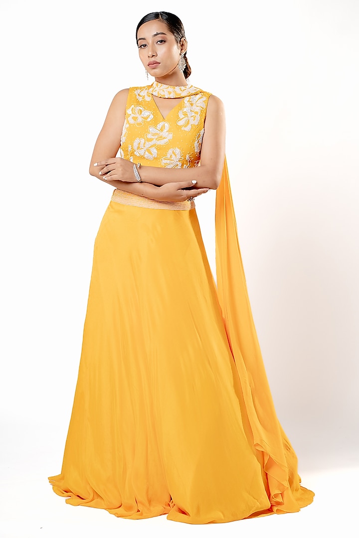 Mustard Chiffon Wedding Lehenga Set by Harshita Jain at Pernia's Pop Up Shop