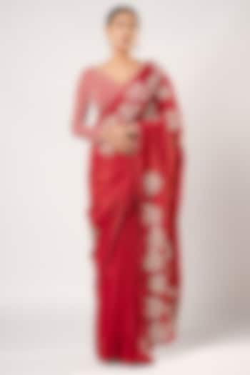 Merlot Red Chiffon Hand Embroidered Saree Set by Harshita Jain at Pernia's Pop Up Shop