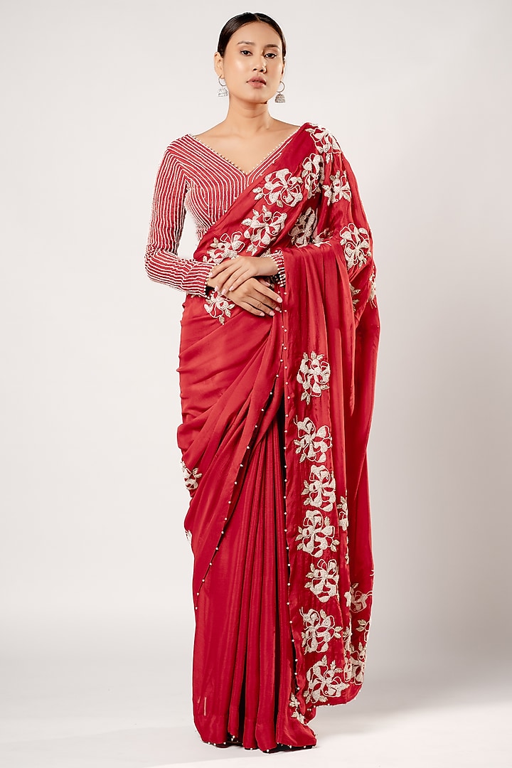 Merlot Red Chiffon Hand Embroidered Saree Set by Harshita Jain at Pernia's Pop Up Shop