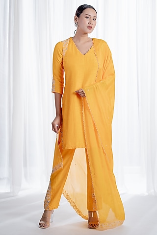 Mustard Dola Silk Hand Embroidered Kurta Set by Harshita Jain