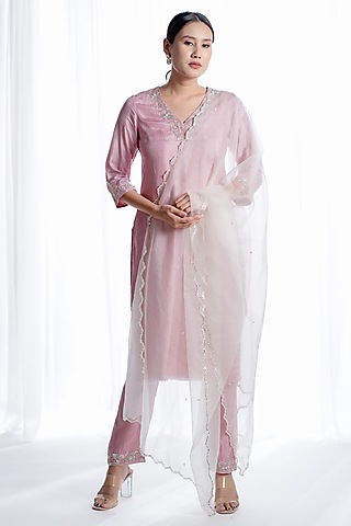 Nude Pink Upada Silk Hand Embroidered Kurta Set by Harshita Jain