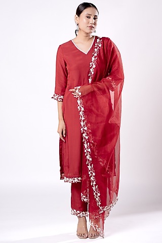 Merlot Red Dola Silk Pearl Work Kurta Set by Harshita Jain