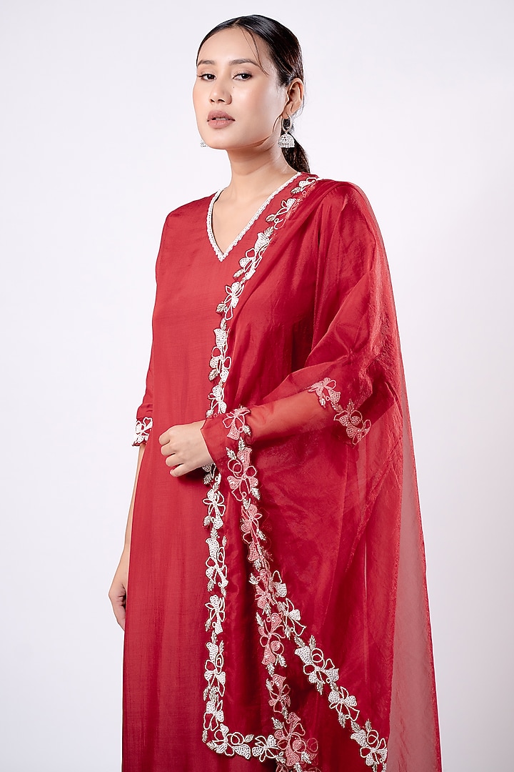 Merlot Red Dola Silk Pearl Work Kurta Set by Harshita Jain at Pernia's Pop Up Shop