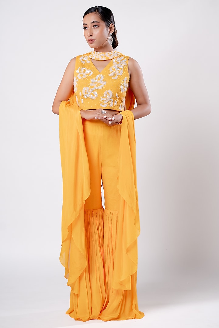 Mustard Chiffon Sharara Set by Harshita Jain at Pernia's Pop Up Shop