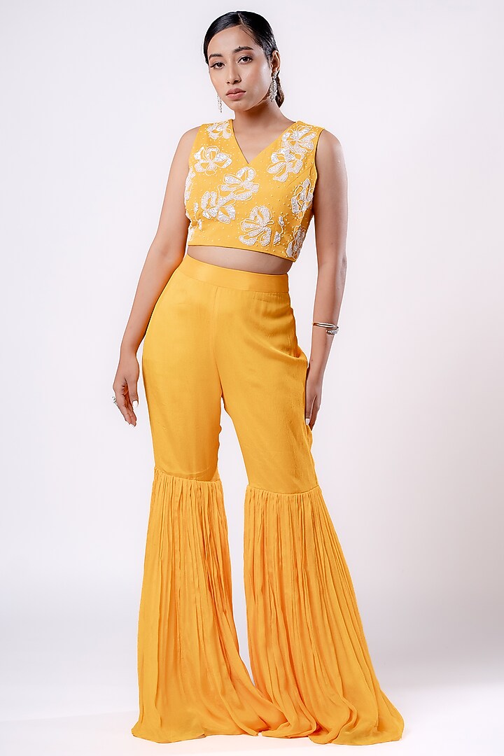 Mustard Chiffon Wedding Sharara Set by Harshita Jain at Pernia's Pop Up Shop