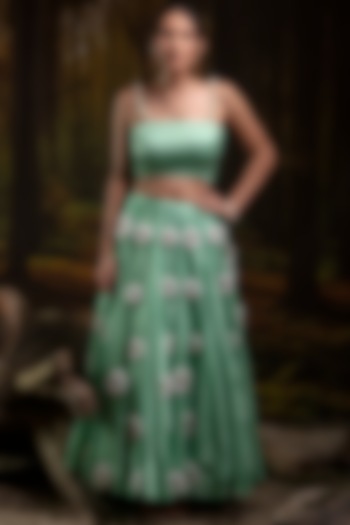 Mint Green Gajji Silk Hand Embroidered Wedding Lehenga Set by Harshita Jain at Pernia's Pop Up Shop