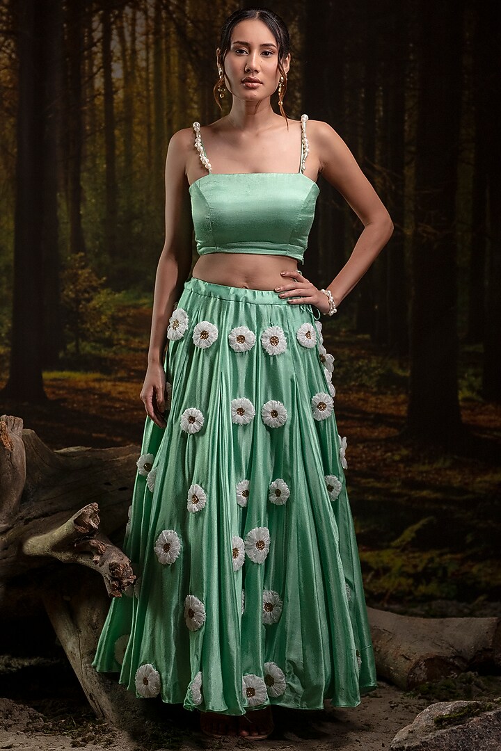 Mint Green Gajji Silk Hand Embroidered Wedding Lehenga Set by Harshita Jain at Pernia's Pop Up Shop