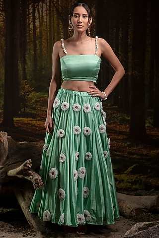 Mint Green Gajji Silk Hand Embroidered Lehenga Set by Harshita Jain