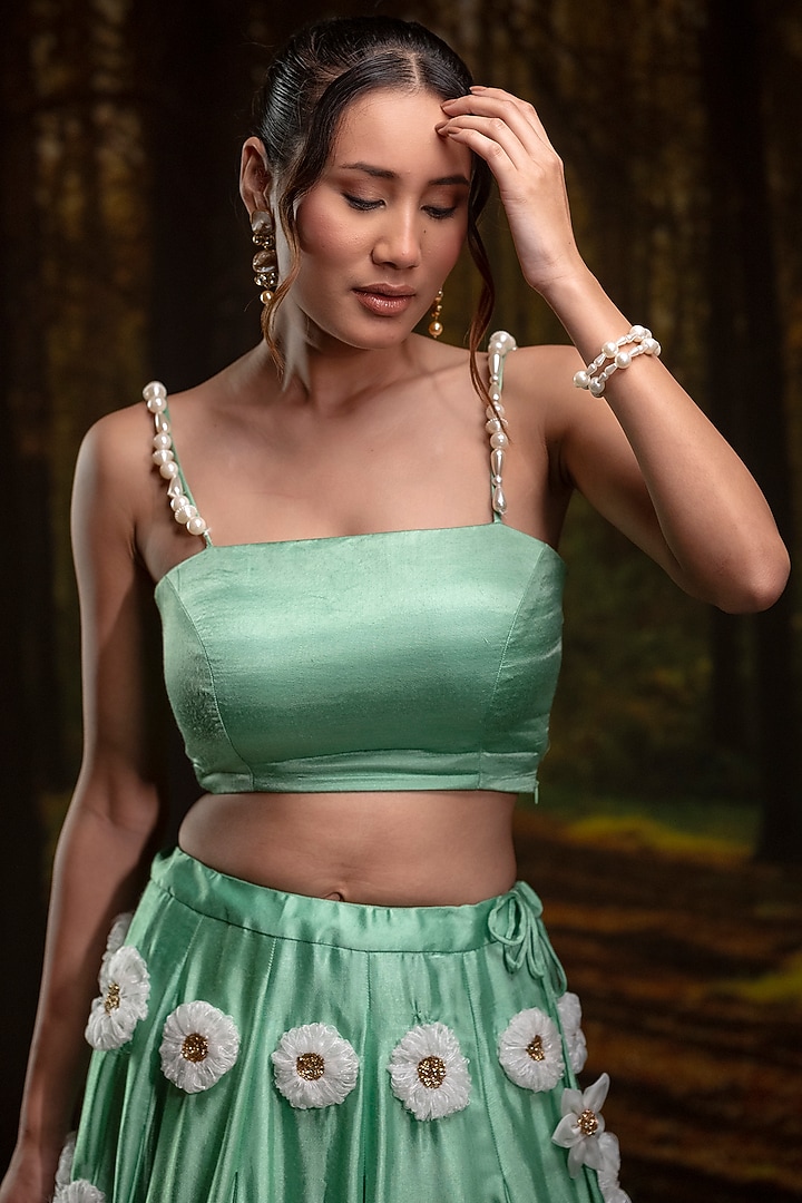 Mint Green Gajji Silk Hand Embroidered Wedding Lehenga Set by Harshita Jain at Pernia's Pop Up Shop