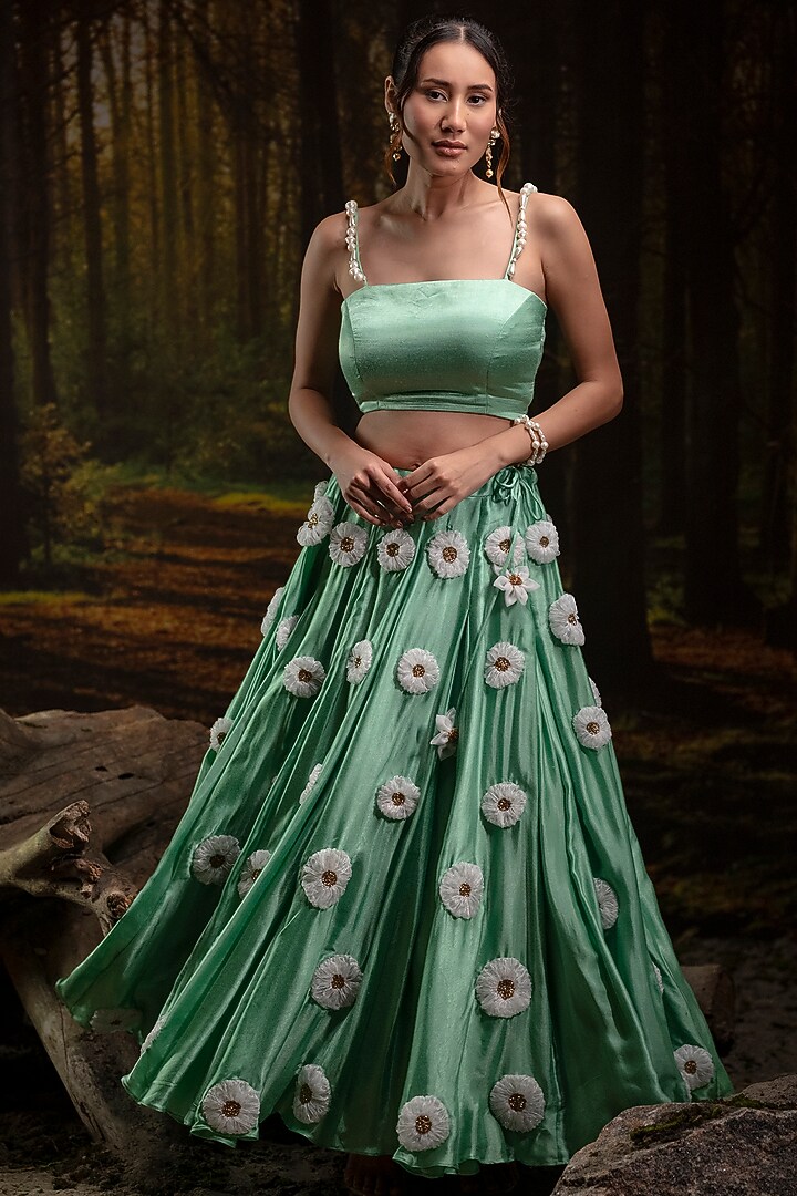 Mint Green Gajji Silk Hand Embroidered Wedding Lehenga Set by Harshita Jain at Pernia's Pop Up Shop