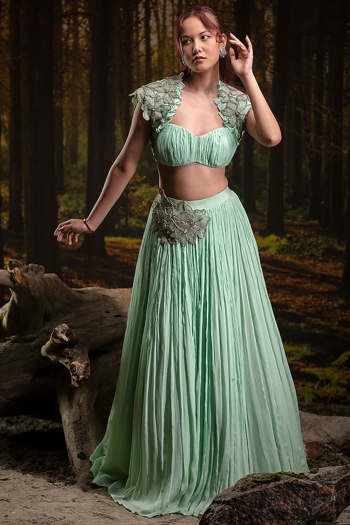 Mint Green Chinon Chiffon Hand Embroidered Wedding Lehenga Set by Harshita Jain at Pernia's Pop Up Shop
