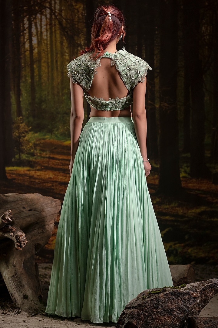 Mint Green Chinon Chiffon Hand Embroidered Wedding Lehenga Set by Harshita Jain at Pernia's Pop Up Shop