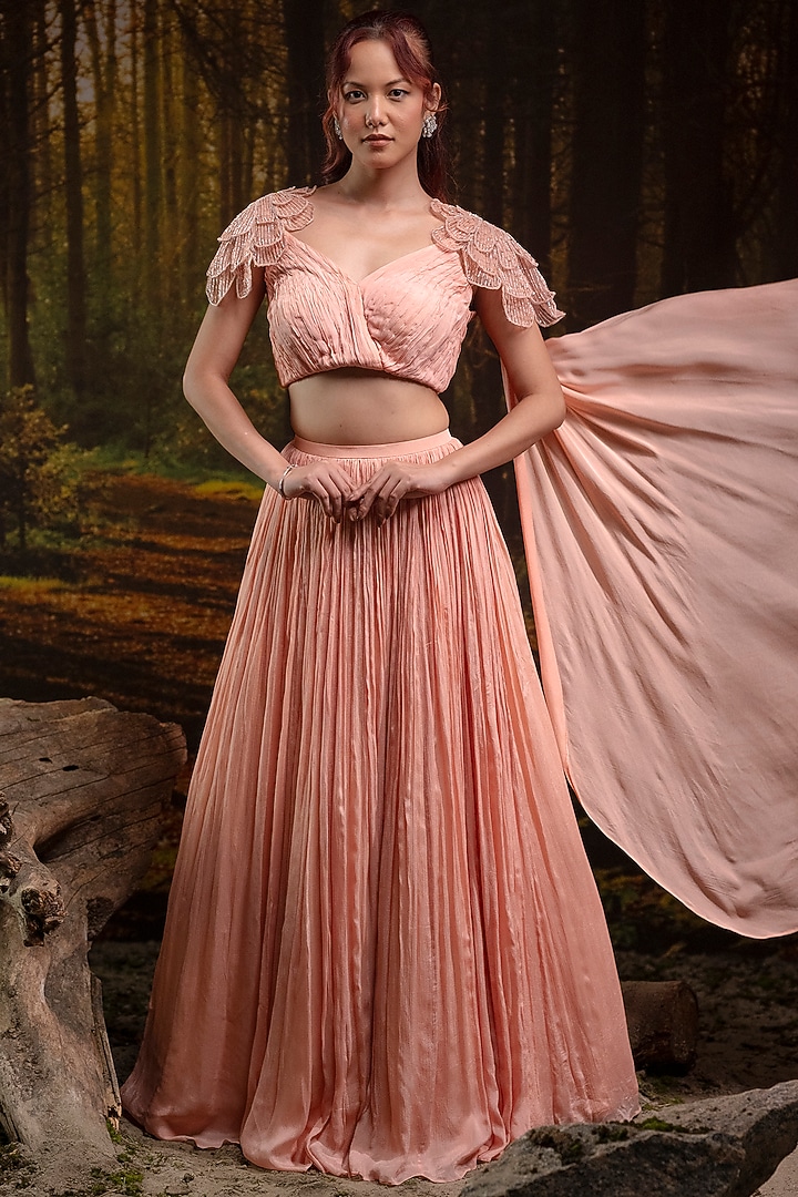 Powder Peach Chinon Chiffon Wedding Lehenga Set by Harshita Jain at Pernia's Pop Up Shop