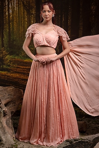 Powder Peach Chinon Chiffon Lehenga Set by Harshita Jain