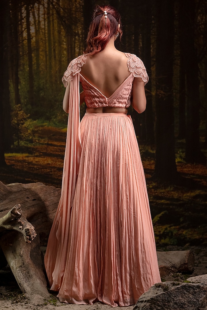 Powder Peach Chinon Chiffon Wedding Lehenga Set by Harshita Jain at Pernia's Pop Up Shop