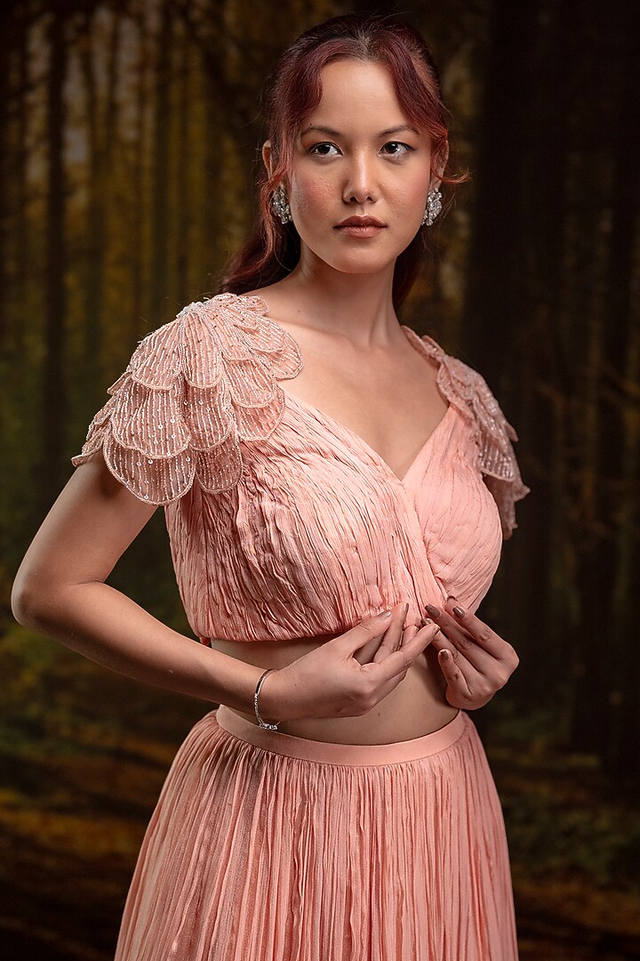 Powder Peach Chinon Chiffon Wedding Lehenga Set by Harshita Jain at Pernia's Pop Up Shop