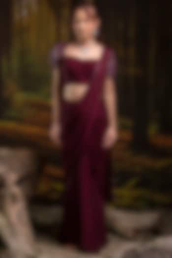 Wine Chinon Chiffon Pre-Stitched Wedding Saree Set by Harshita Jain at Pernia's Pop Up Shop