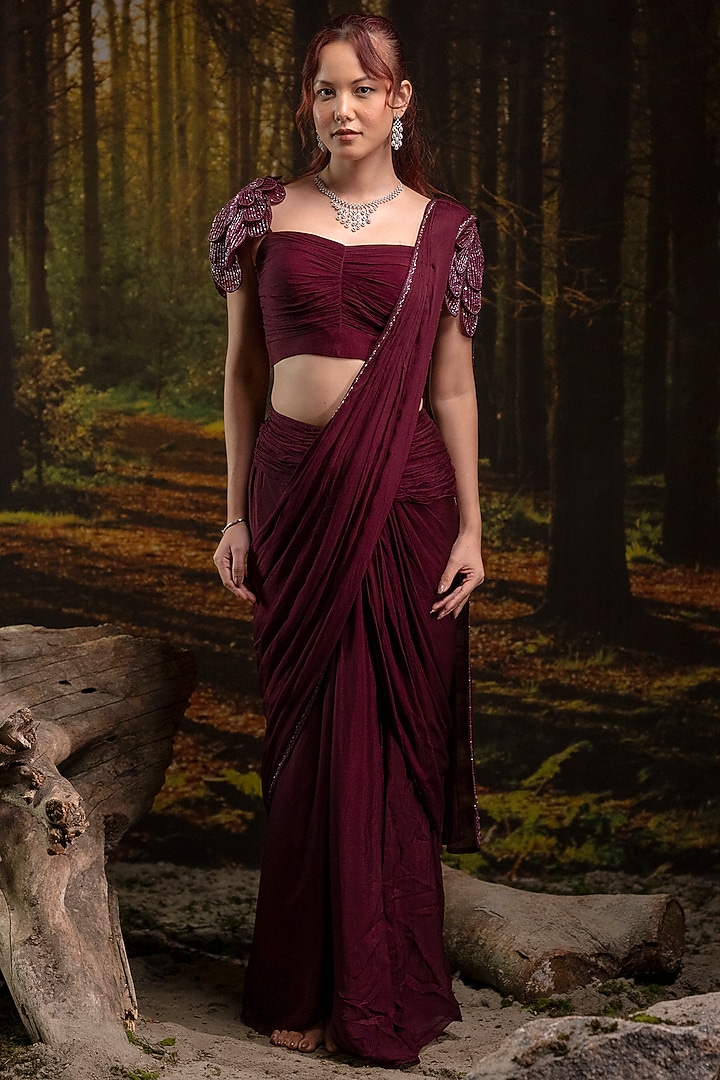 Wine Chinon Chiffon Pre-Stitched Wedding Saree Set by Harshita Jain at Pernia's Pop Up Shop