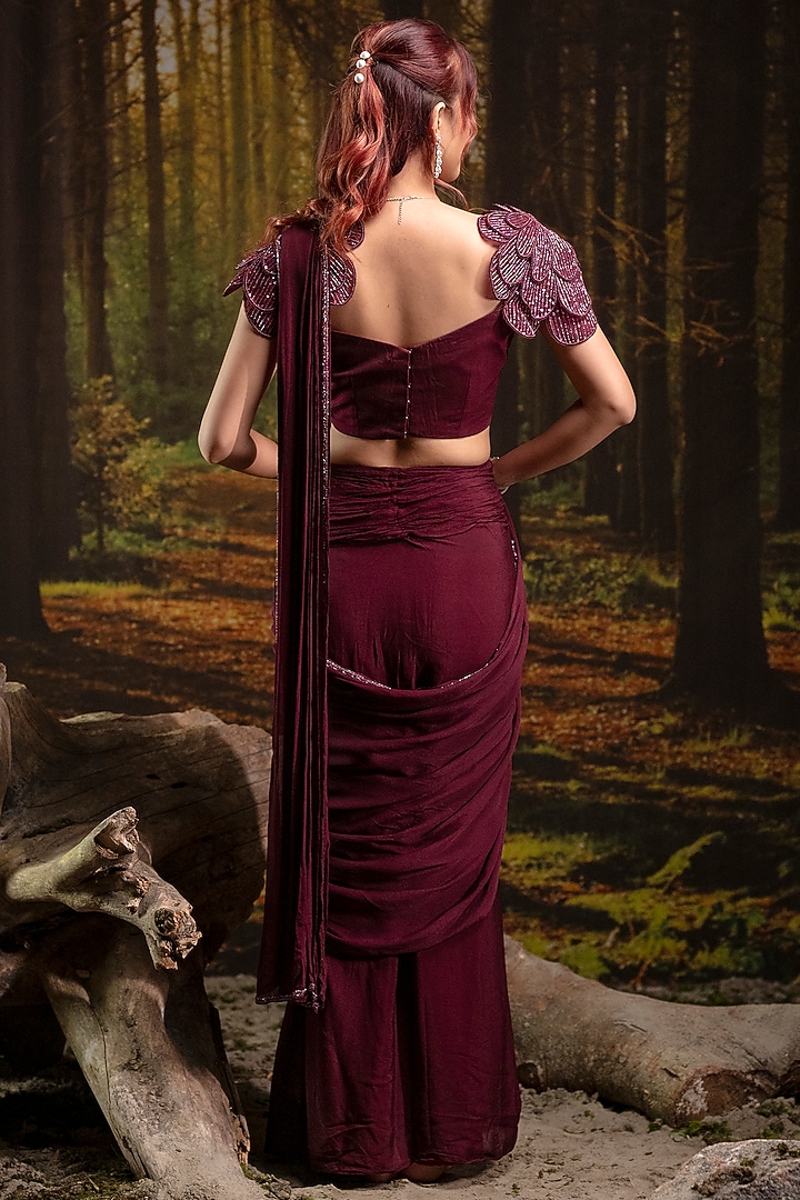 Wine Chinon Chiffon Pre-Stitched Wedding Saree Set by Harshita Jain at Pernia's Pop Up Shop