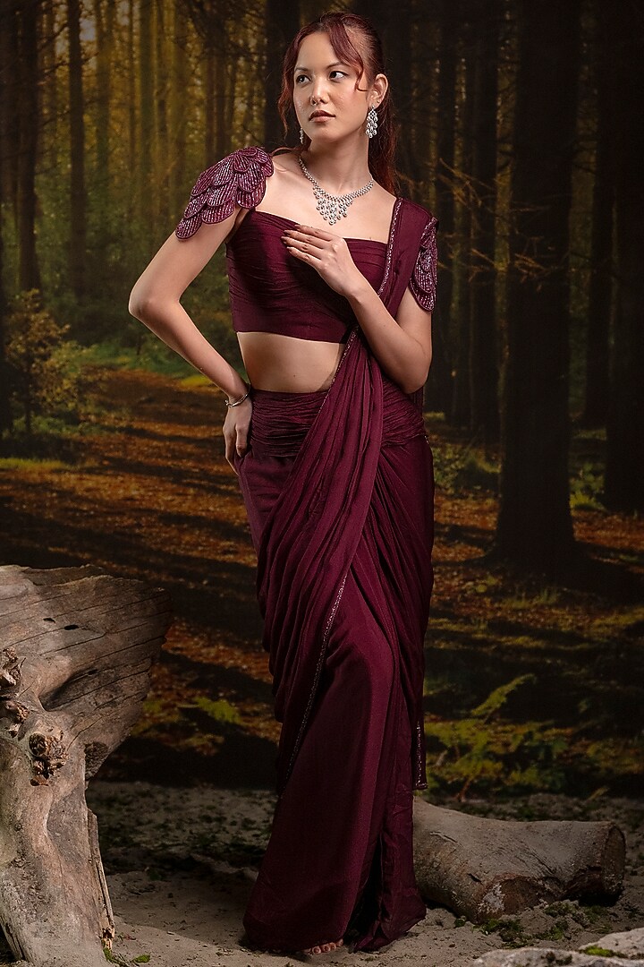 Wine Chinon Chiffon Pre-Stitched Wedding Saree Set by Harshita Jain at Pernia's Pop Up Shop