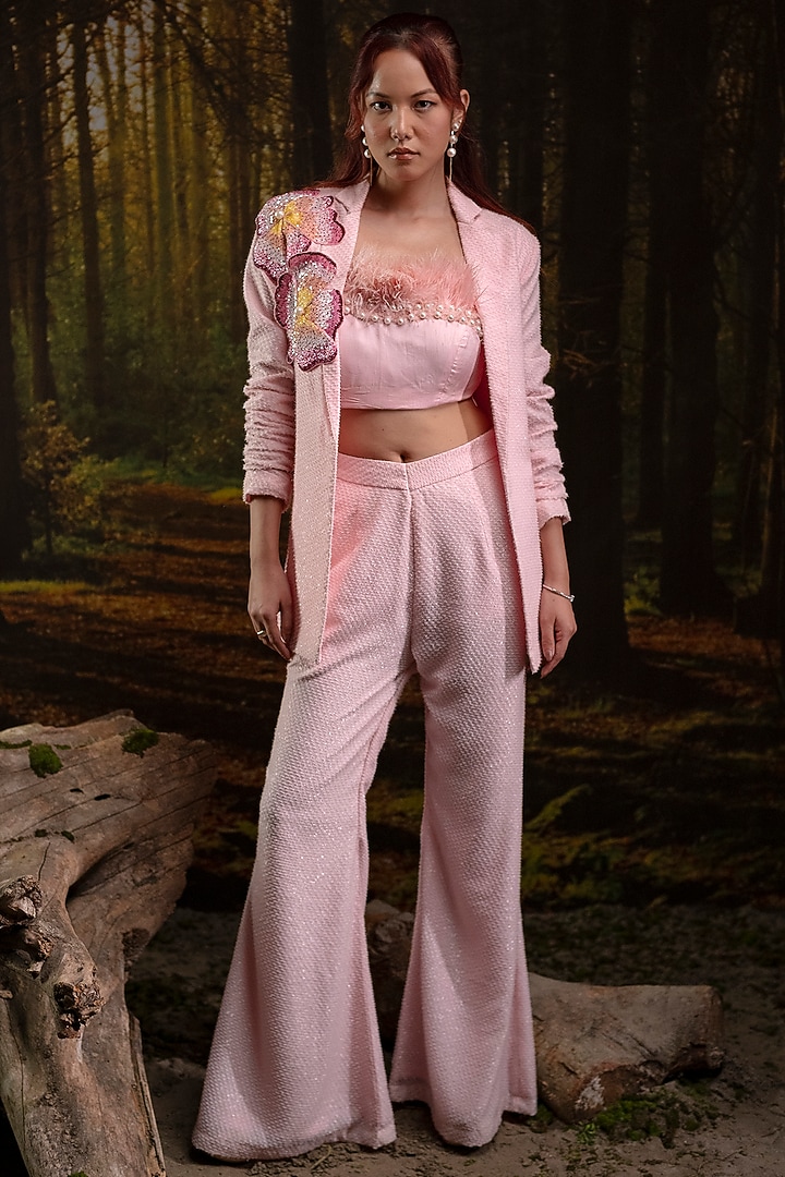 Baby Pink Italian Textured Crepe Hand Embroidered Blazer Set by Harshita Jain at Pernia's Pop Up Shop