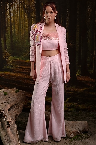 Baby Pink Italian Textured Crepe Hand Embroidered Blazer Set by Harshita Jain