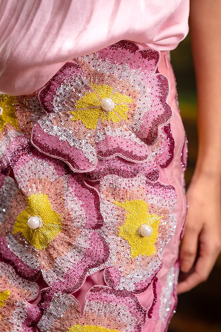 Baby Pink Modal Satin & Organza Hand Embroidered Skirt Set by Harshita Jain at Pernia's Pop Up Shop