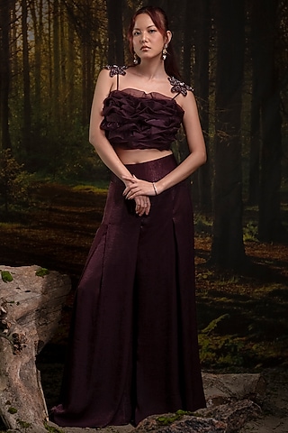 Plum Sandwash Satin & Organza Pant Set by Harshita Jain