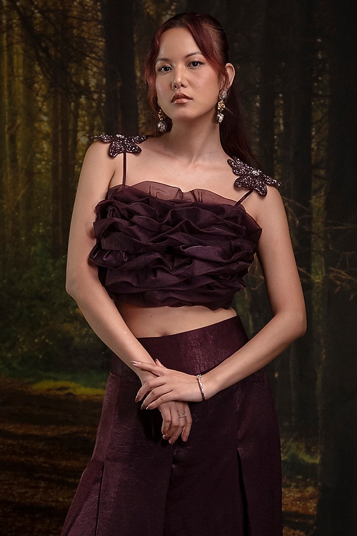 Plum Sandwash Satin & Organza Pant Set by Harshita Jain at Pernia's Pop Up Shop