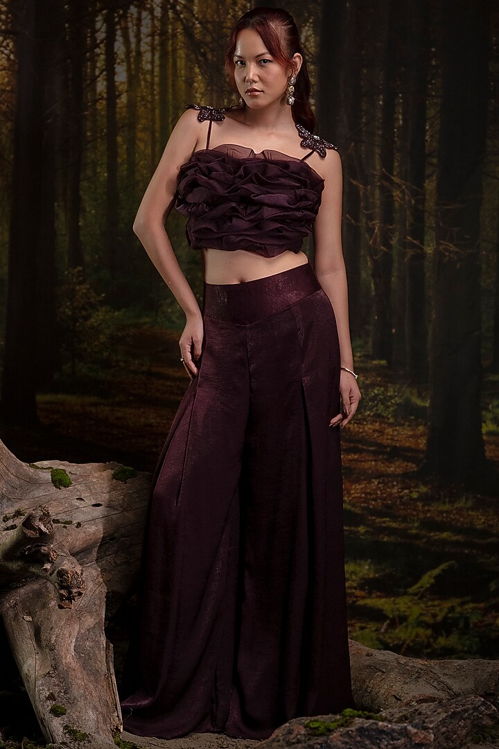 Plum Sandwash Satin & Organza Pant Set by Harshita Jain at Pernia's Pop Up Shop