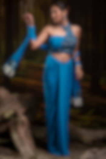 Azure Blue Lycra Net Draped Skirt Set by Harshita Jain at Pernia's Pop Up Shop