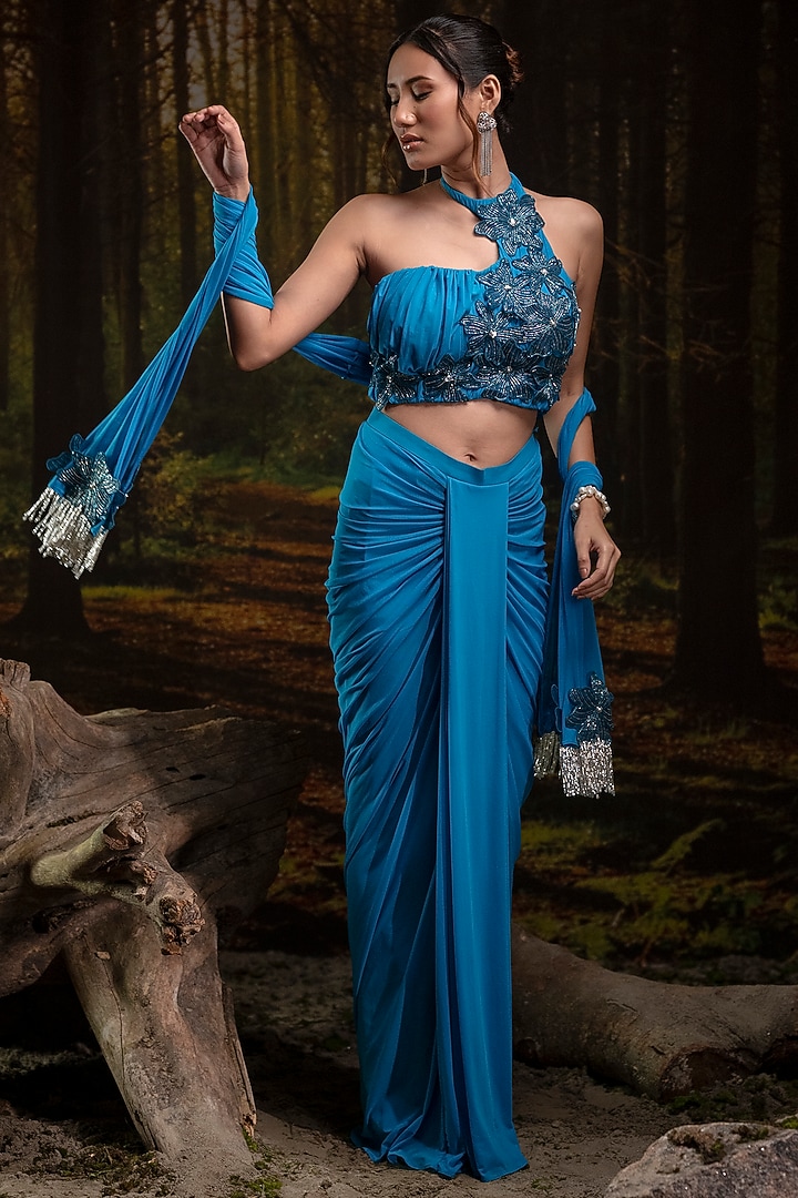 Azure Blue Lycra Net Draped Skirt Set by Harshita Jain at Pernia's Pop Up Shop