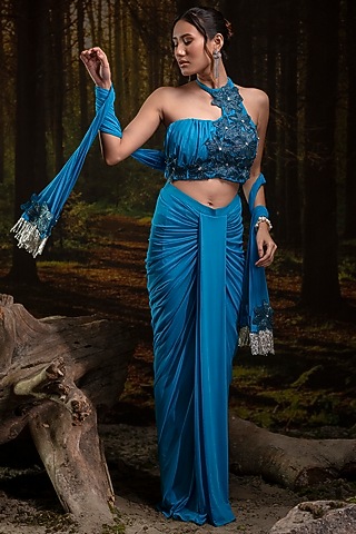 Azure Blue Lycra Net Draped Skirt Set by Harshita Jain