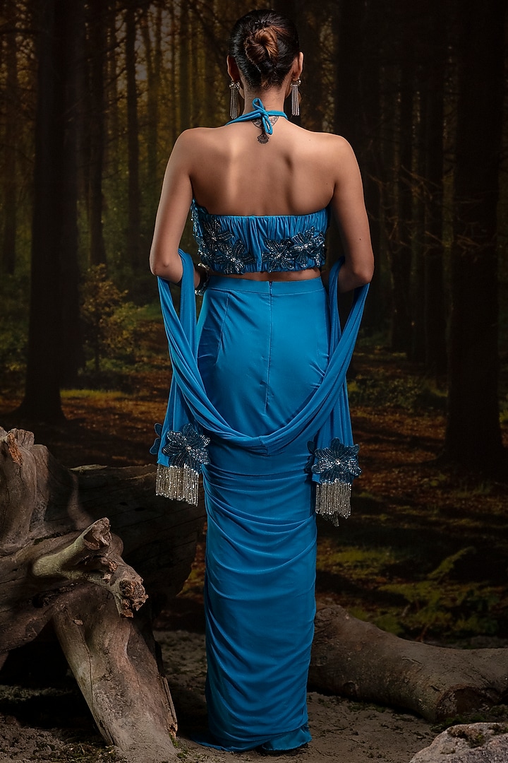 Azure Blue Lycra Net Draped Skirt Set by Harshita Jain at Pernia's Pop Up Shop