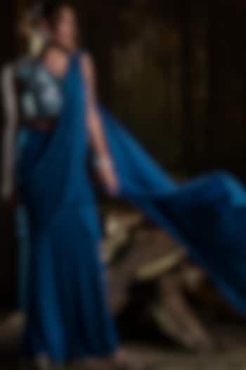 Cobalt Blue Lycra Net Pre-Draped Wedding Saree Set by Harshita Jain at Pernia's Pop Up Shop