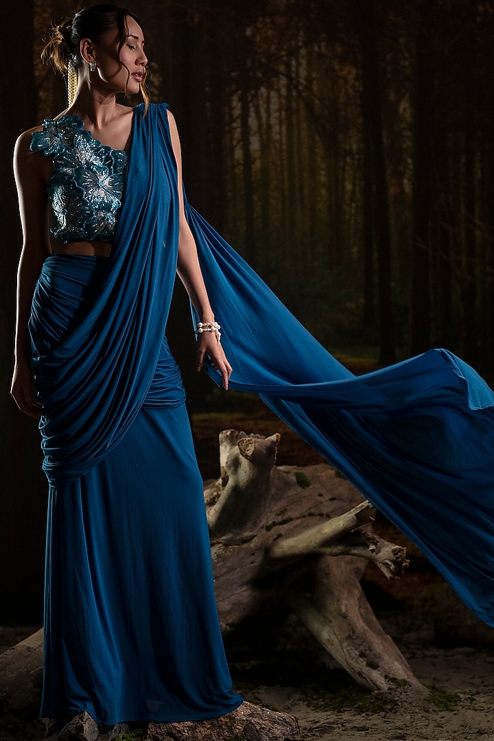 Cobalt Blue Lycra Net Pre-Draped Wedding Saree Set by Harshita Jain at Pernia's Pop Up Shop