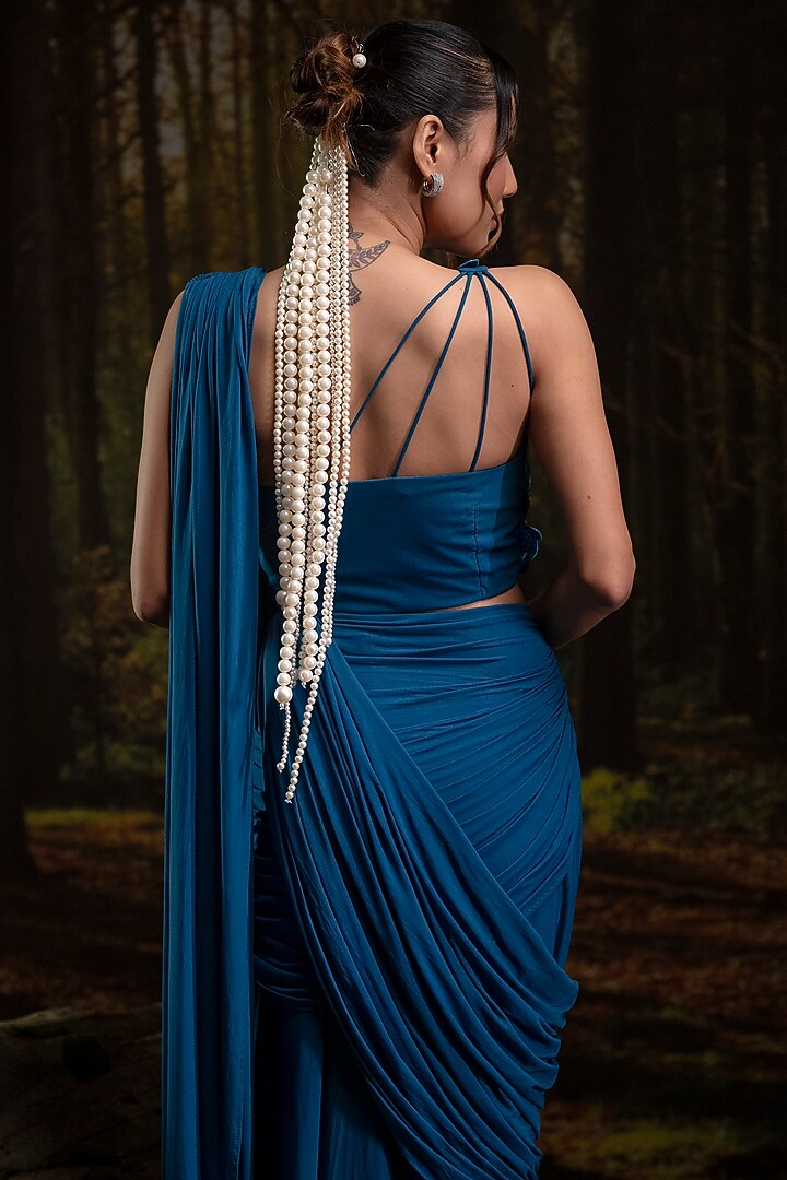 Cobalt Blue Lycra Net Pre-Draped Wedding Saree Set by Harshita Jain at Pernia's Pop Up Shop