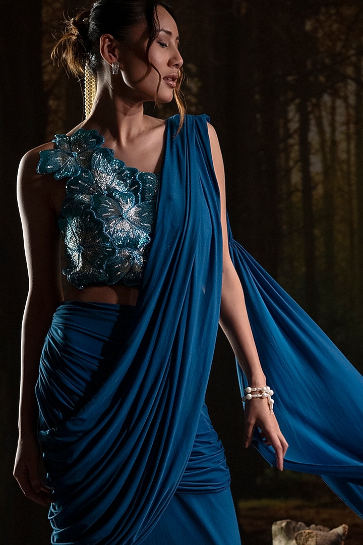 Cobalt Blue Lycra Net Pre-Draped Wedding Saree Set by Harshita Jain at Pernia's Pop Up Shop