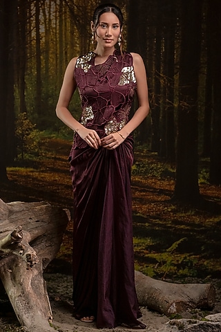Plum Gajji Silk & Organza Draped Skirt Set by Harshita Jain