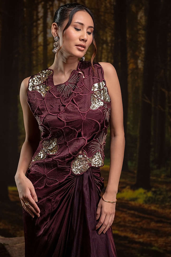 Plum Gajji Silk & Organza Draped Skirt Set by Harshita Jain at Pernia's Pop Up Shop