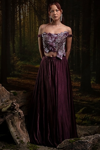 Plum Gajji Silk Lehenga Set by Harshita Jain