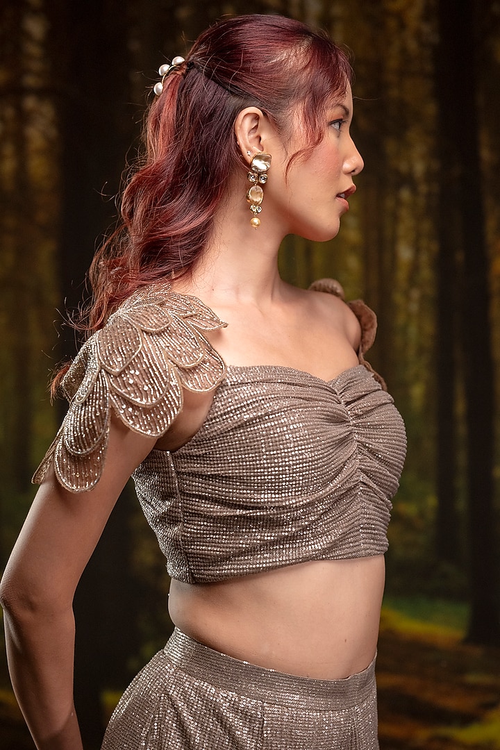 Champagne Italian Crinkled Organza Hand Embroidered Co-Ord Set by Harshita Jain at Pernia's Pop Up Shop