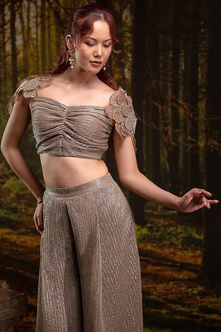 Champagne Italian Crinkled Organza Hand Embroidered Co-Ord Set by Harshita Jain at Pernia's Pop Up Shop