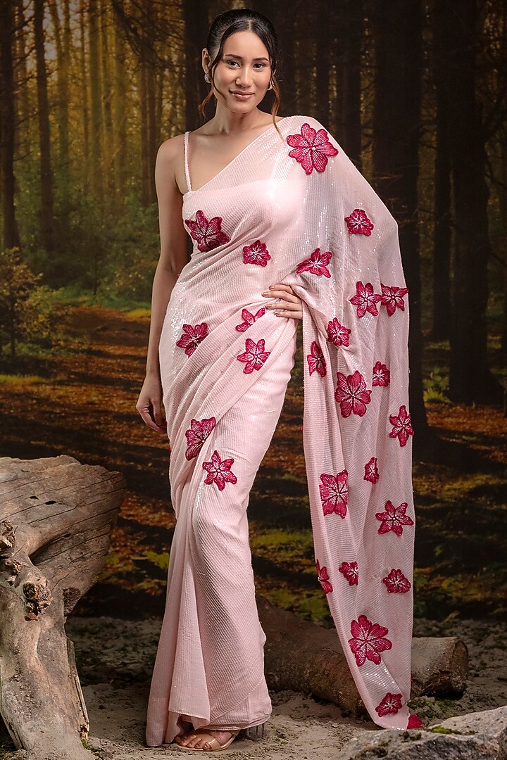 Baby Pink Georgette Hand Embroidered Wedding Saree Set by Harshita Jain at Pernia's Pop Up Shop