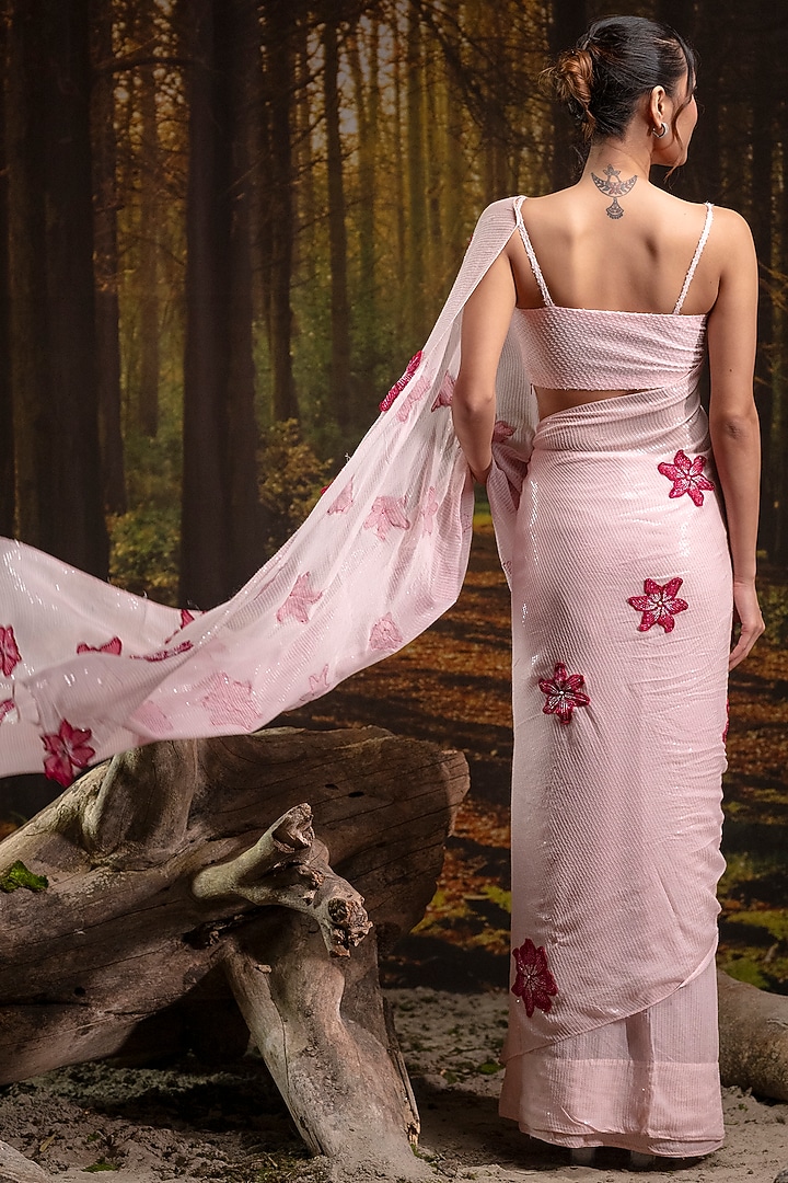 Baby Pink Georgette Hand Embroidered Wedding Saree Set by Harshita Jain at Pernia's Pop Up Shop